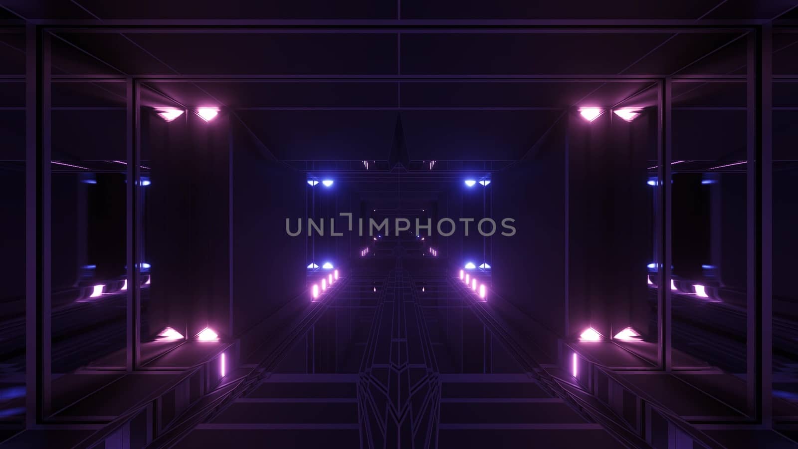 dark atmospheric science-fiction tunnel corridor with glowing lights and reflective glass windows 3d illustration background wallpaper graphic artwork, futuristic scifi tunnel corridor with metal wire-frame contur 3d rendering design