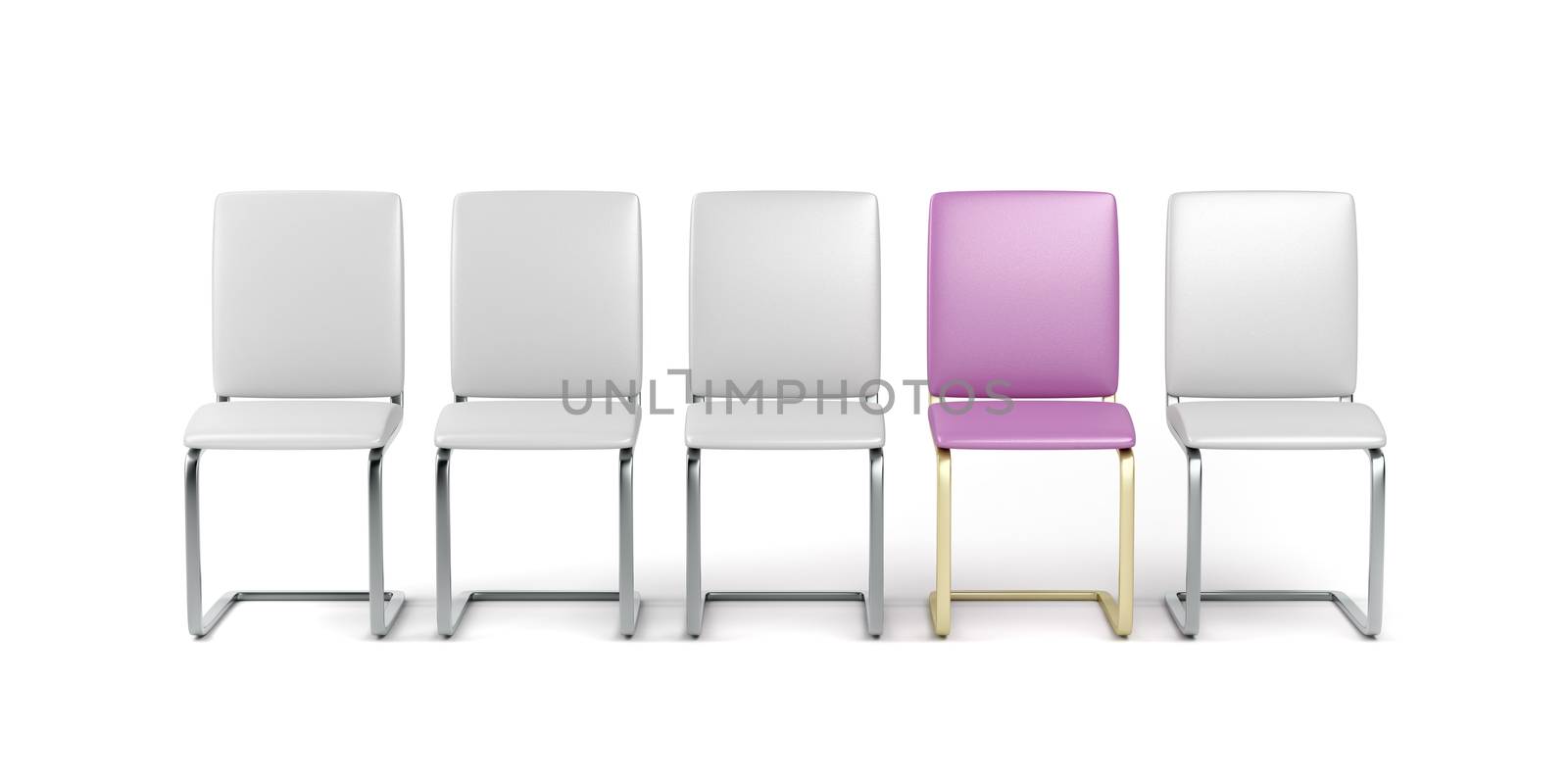 One unique pink and gold colored chair in a row of other chairs, front view
