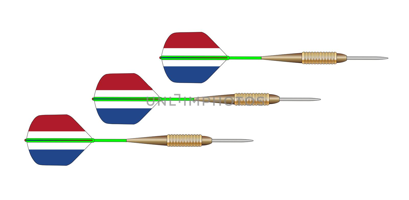 A set of 3 darts with flights in the form of the Netherlands flag on a white background