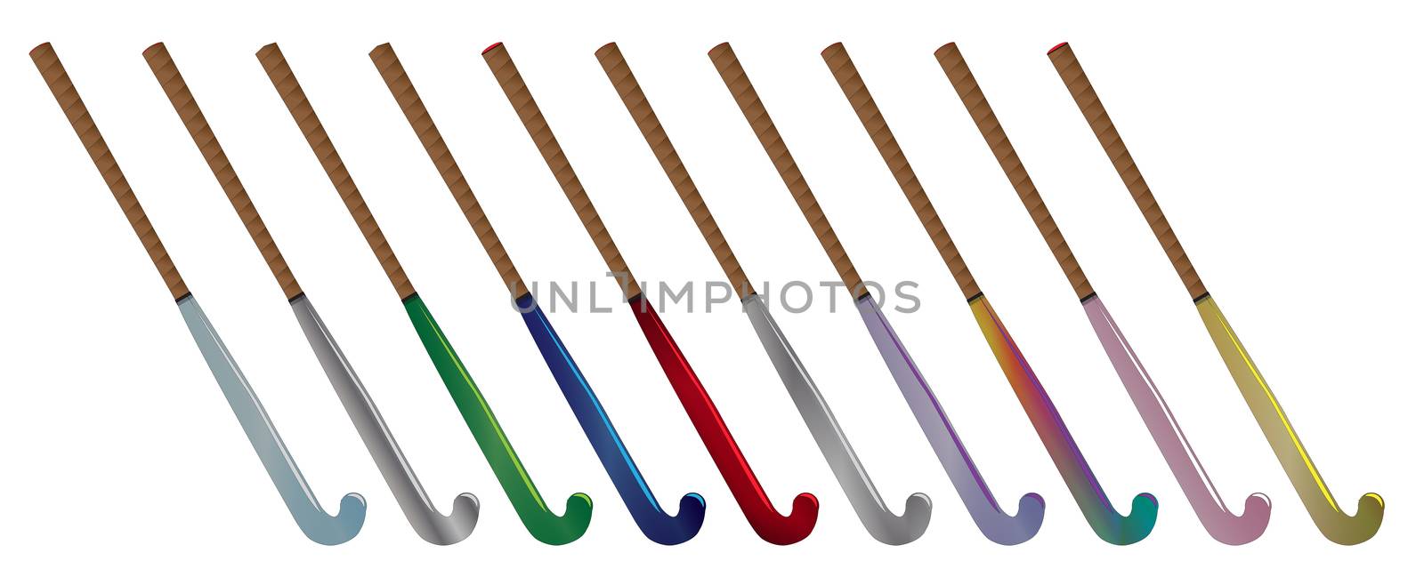 A collection of field hockey sticks in several colors set on a white background