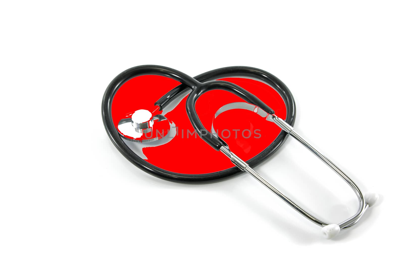 Stethoscope curved into the shape of a heart on white background
