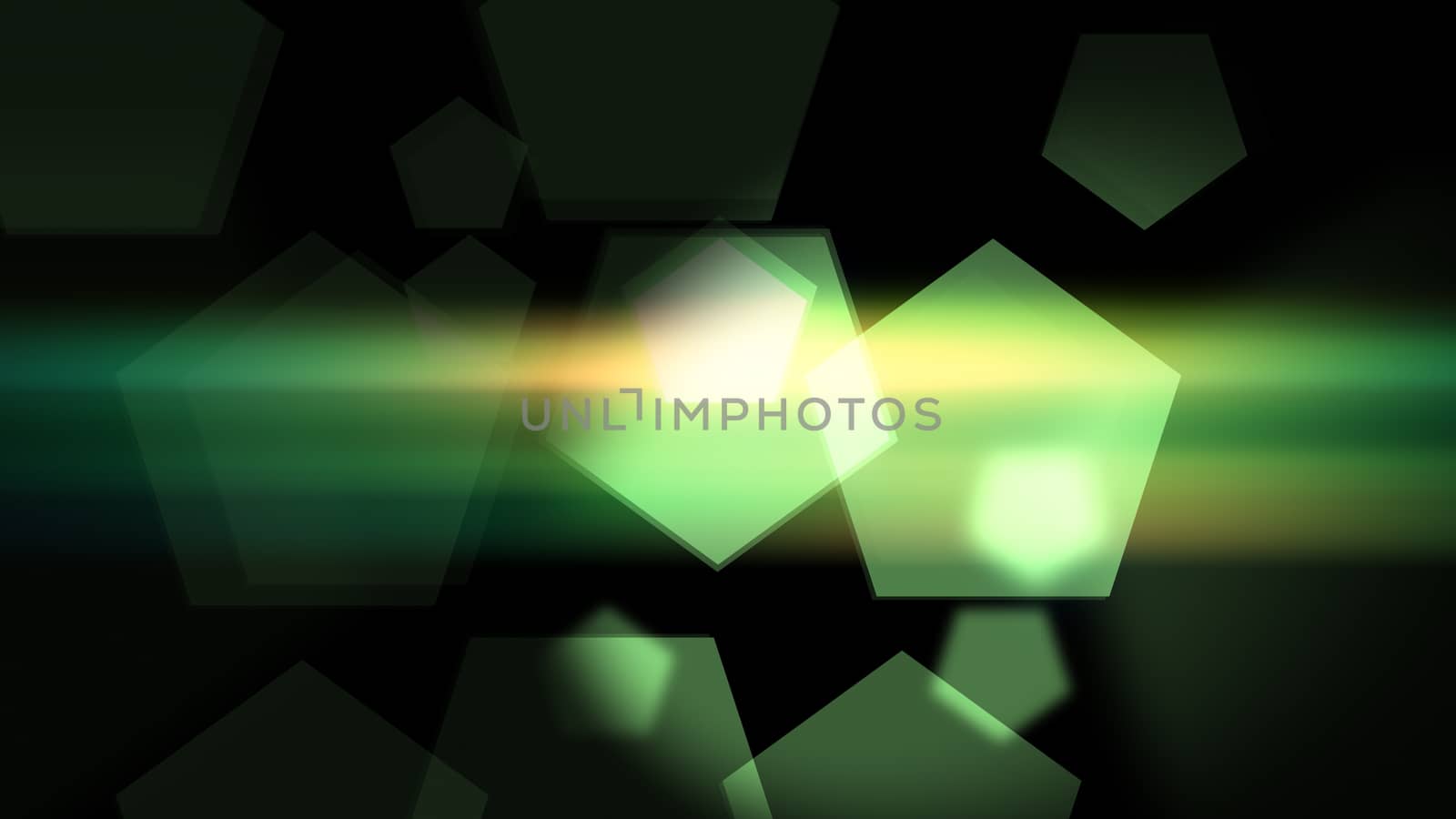 Green Pentagons on black background with colorful lens flares