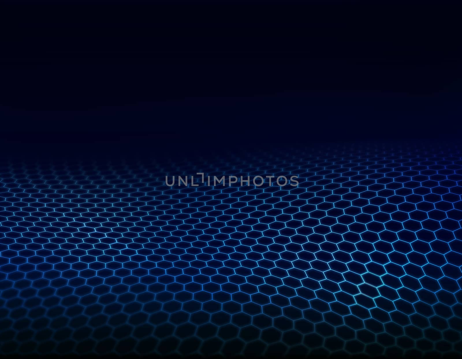 3D futuristic design on dark background. Abstract technology concept with blue wavy hexagonal grid. Space for the copy.