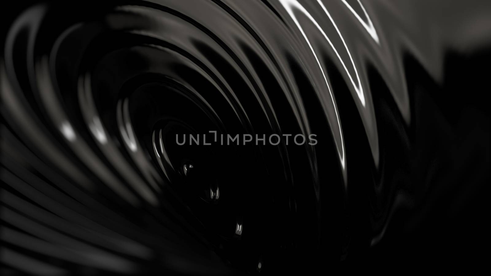 3d illustration of a wavy  black substance like oil. Light reflections. Shallow depth of fields.