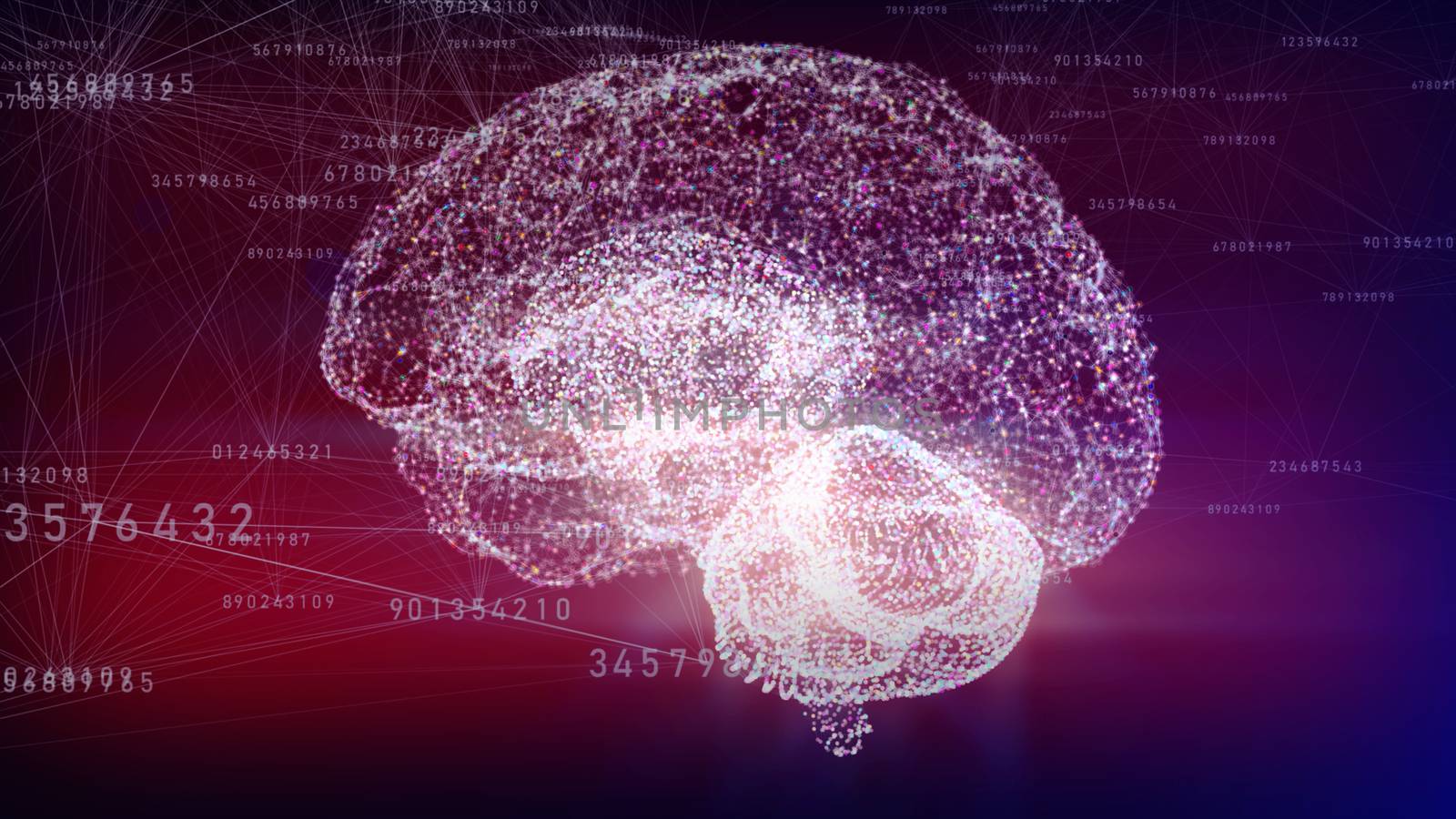 3d illustration of Plexus with human brain which consists from point and edges in triangles form connected each other on the pink background. Digital numbers. Concept of artificial intelligence.