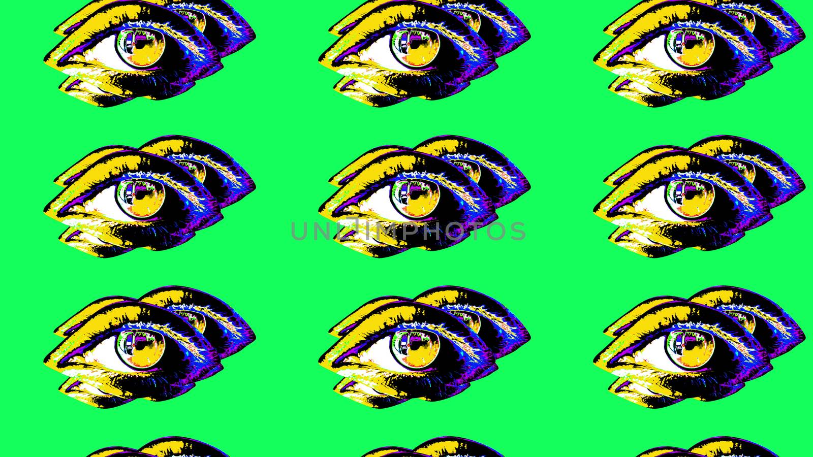 A pop-art 3d illustration of big human eyes on a green background.