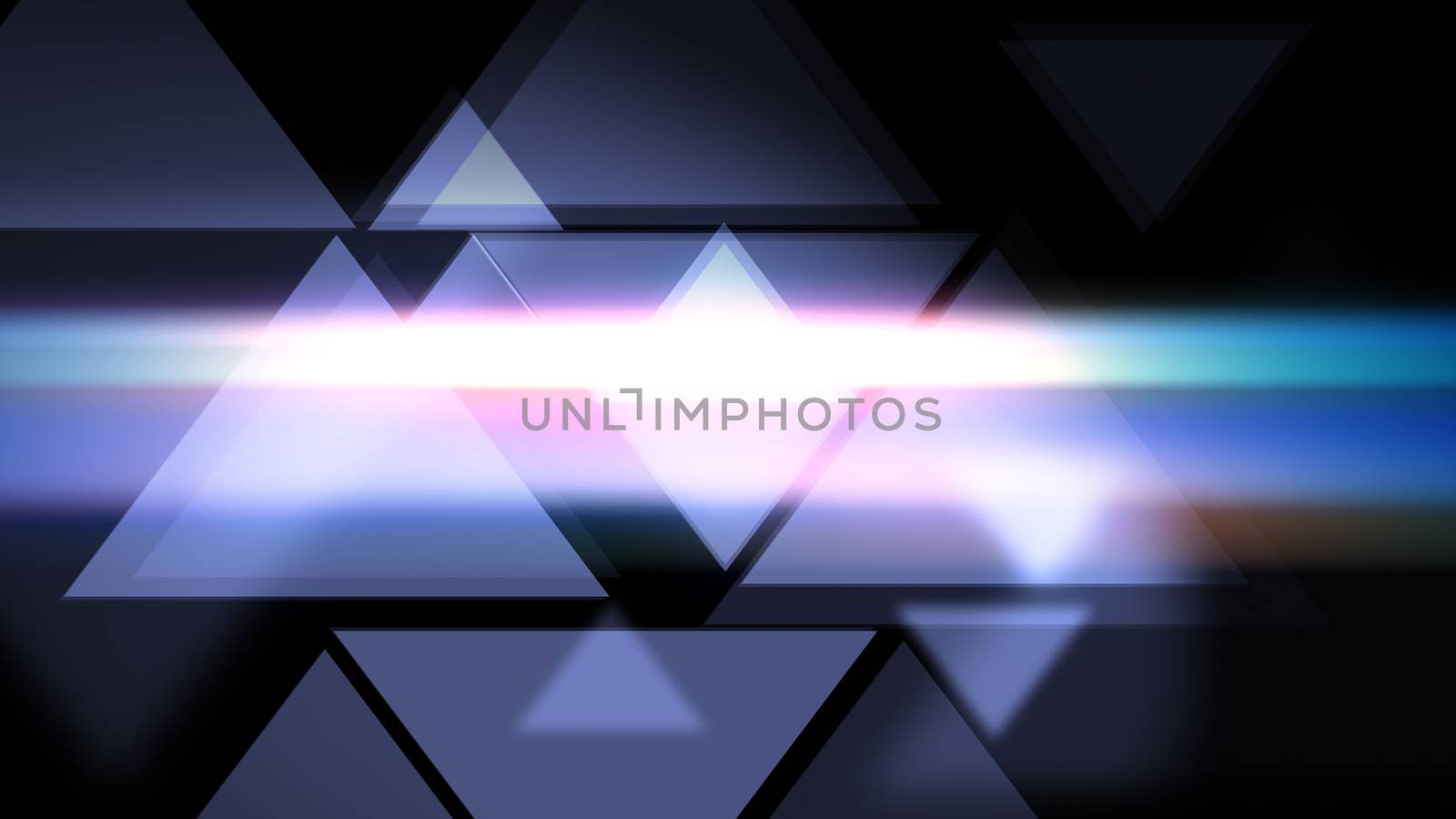 Amazing 3d illustration of background with glowing and glittering violet triangles on the black background. 
