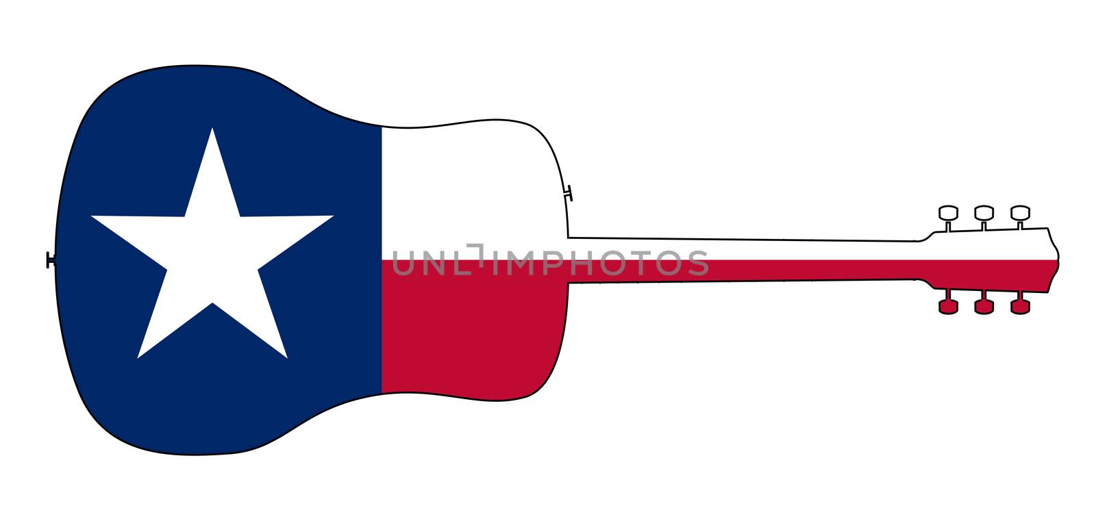 A typical acoustic guitar silhouette outline isolated over a white background with a Texan flag