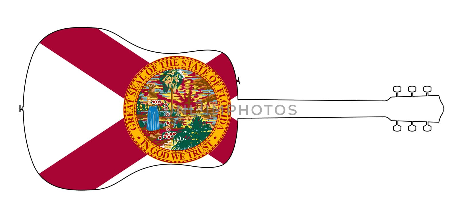 A typical acoustic guitar silhouette outline isolated over a white background with the Florida state flag