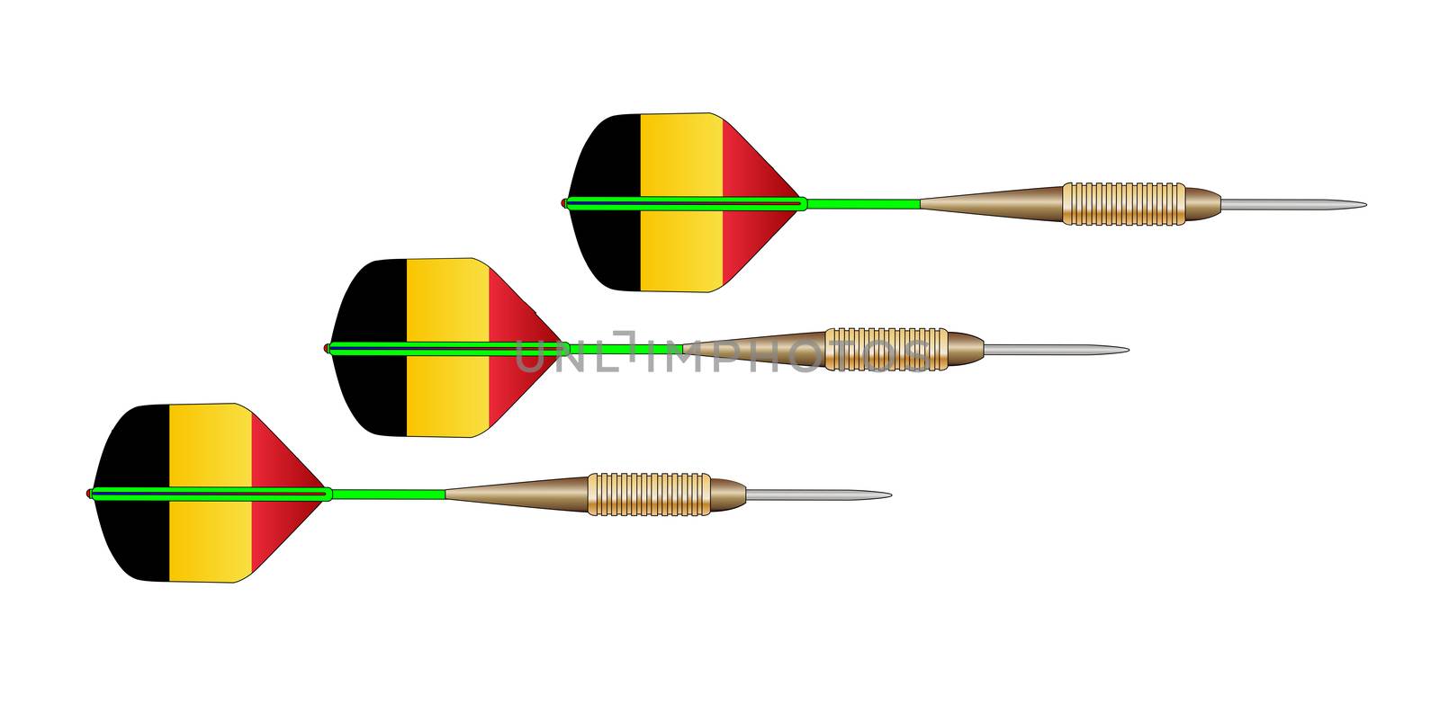 A set of 3 darts with flights in the form of the Belgium flag on a white background