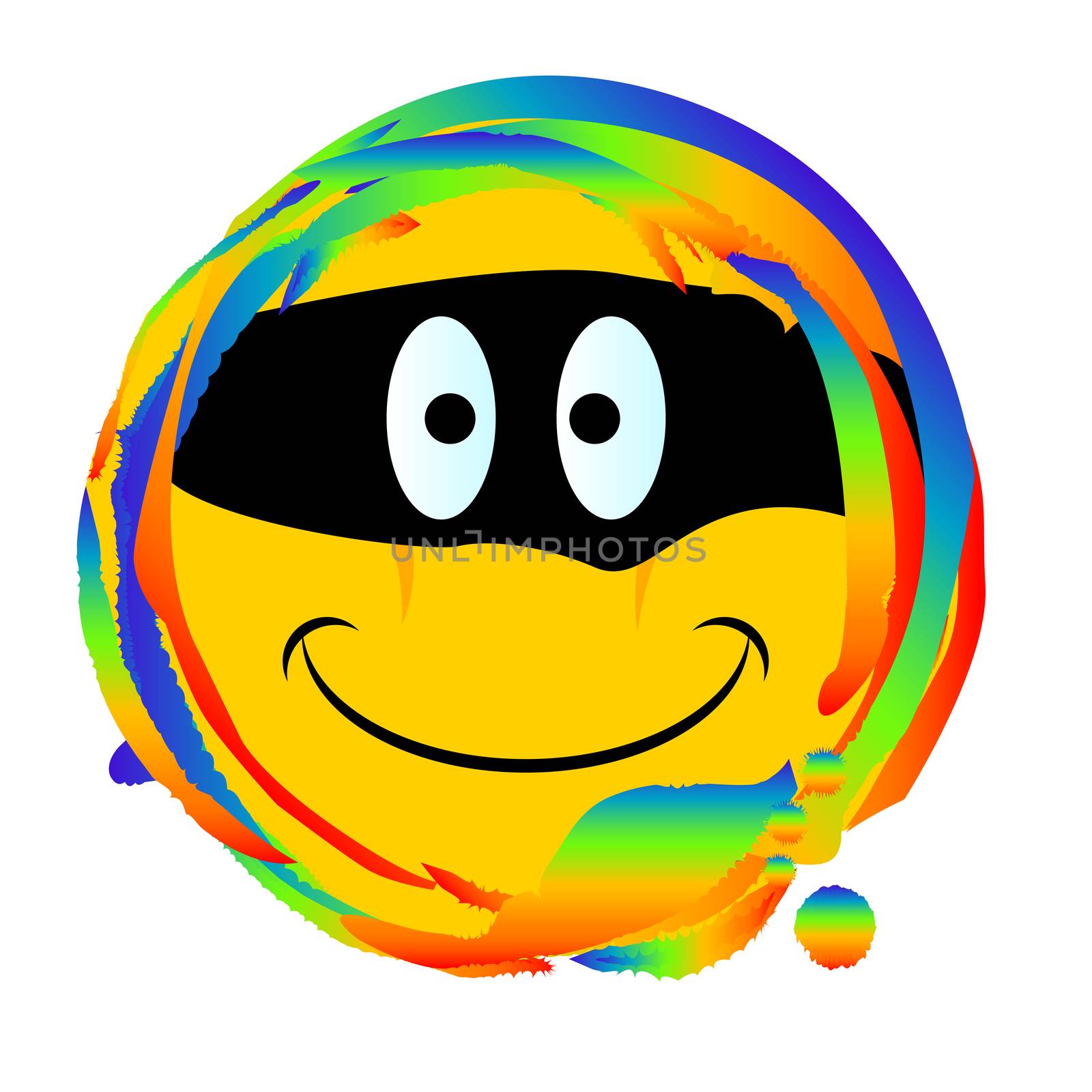 Emoji smiley face with a bandit mask web button set on a rainbow