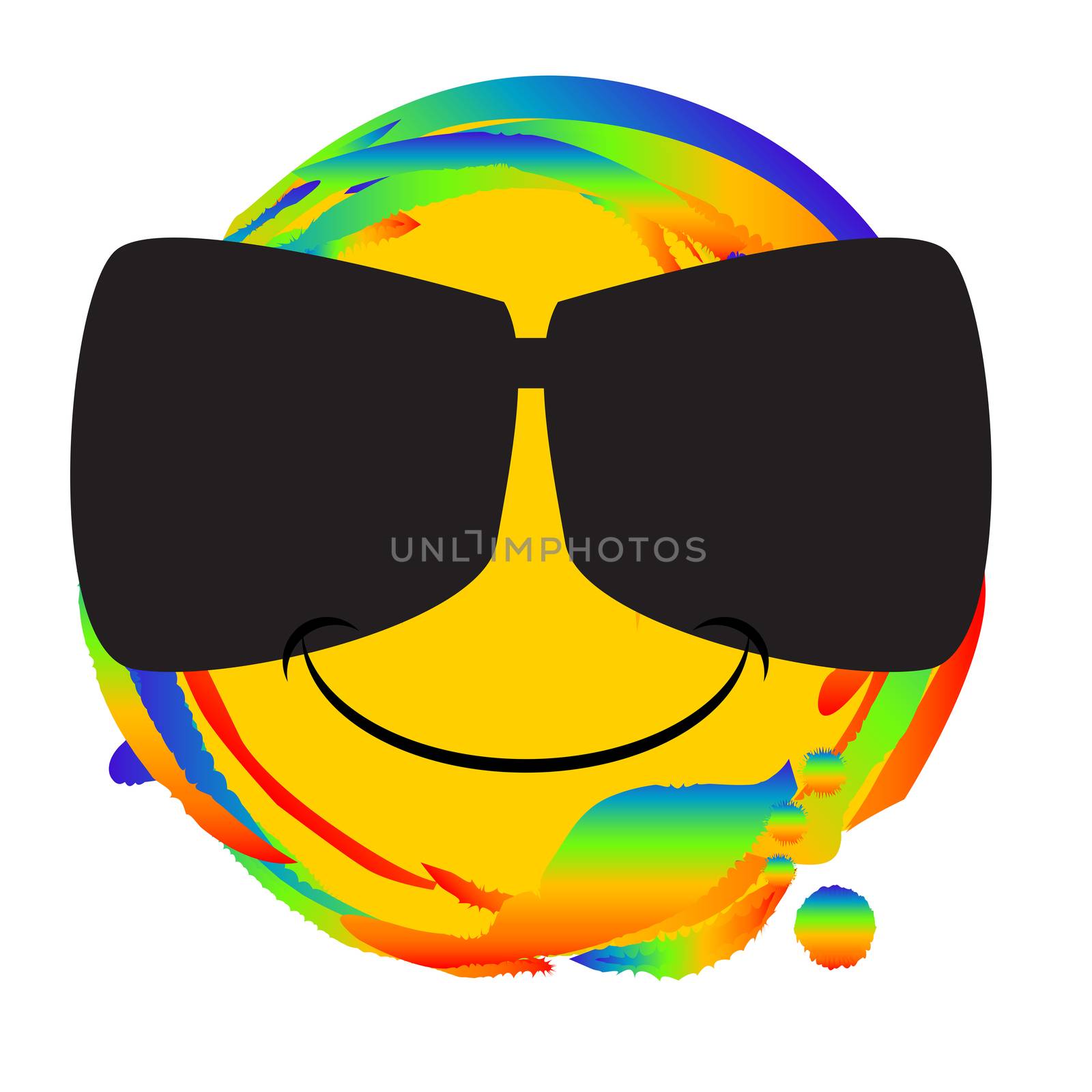 Emoji smiley face with a pair of sunglasses as a web button set on a rainbow