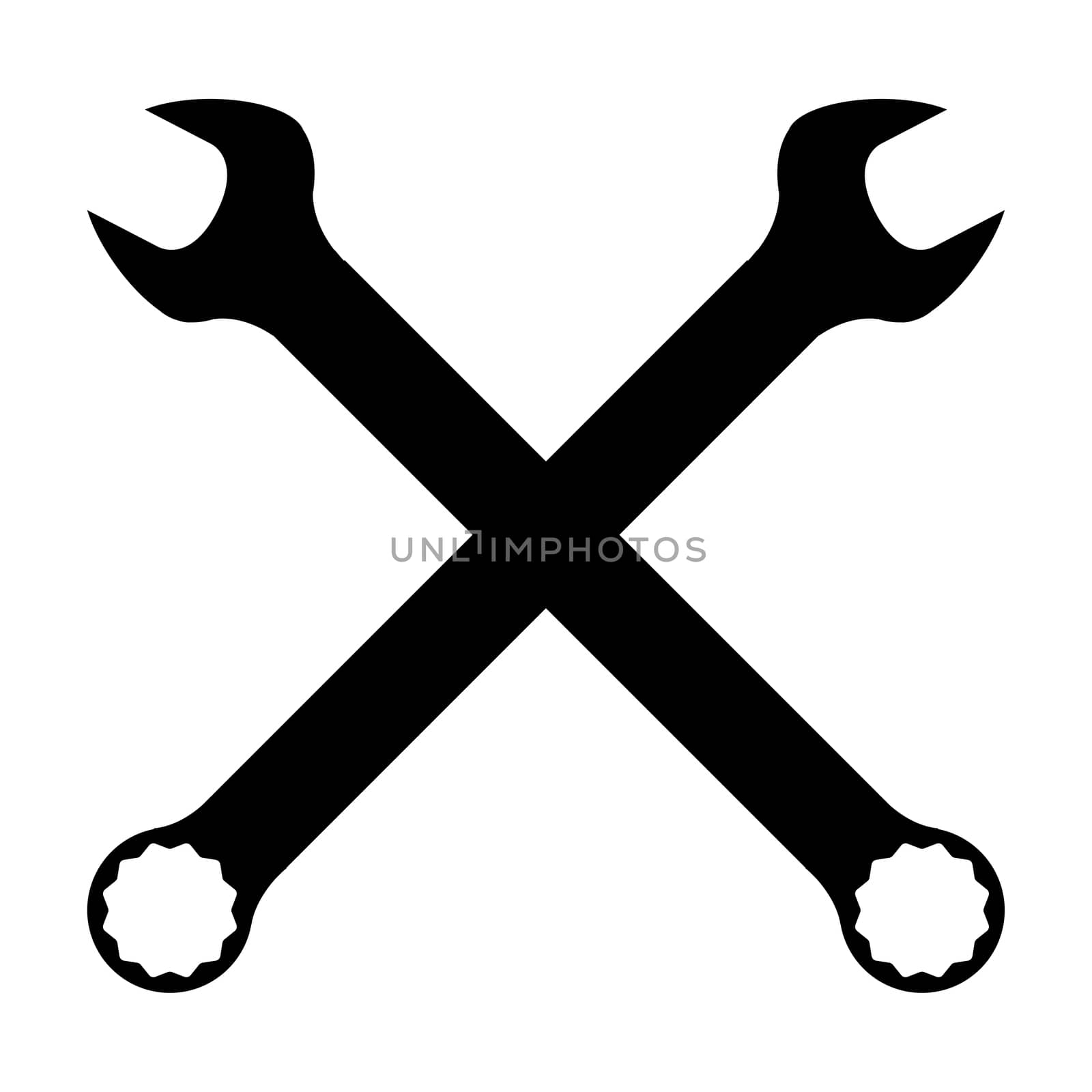 Two crossed mechanics open ended and ring spanner combination in silhouette on a white background