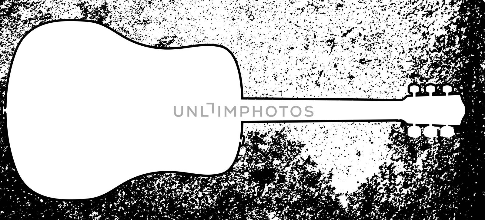 A typical acoustic guitar in white silhouette isolated over a grunge background