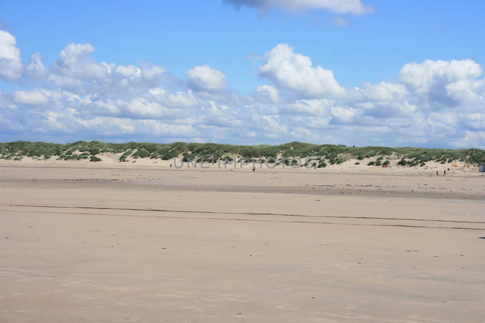 Sandy beach with sand dunes and blue sky in the background