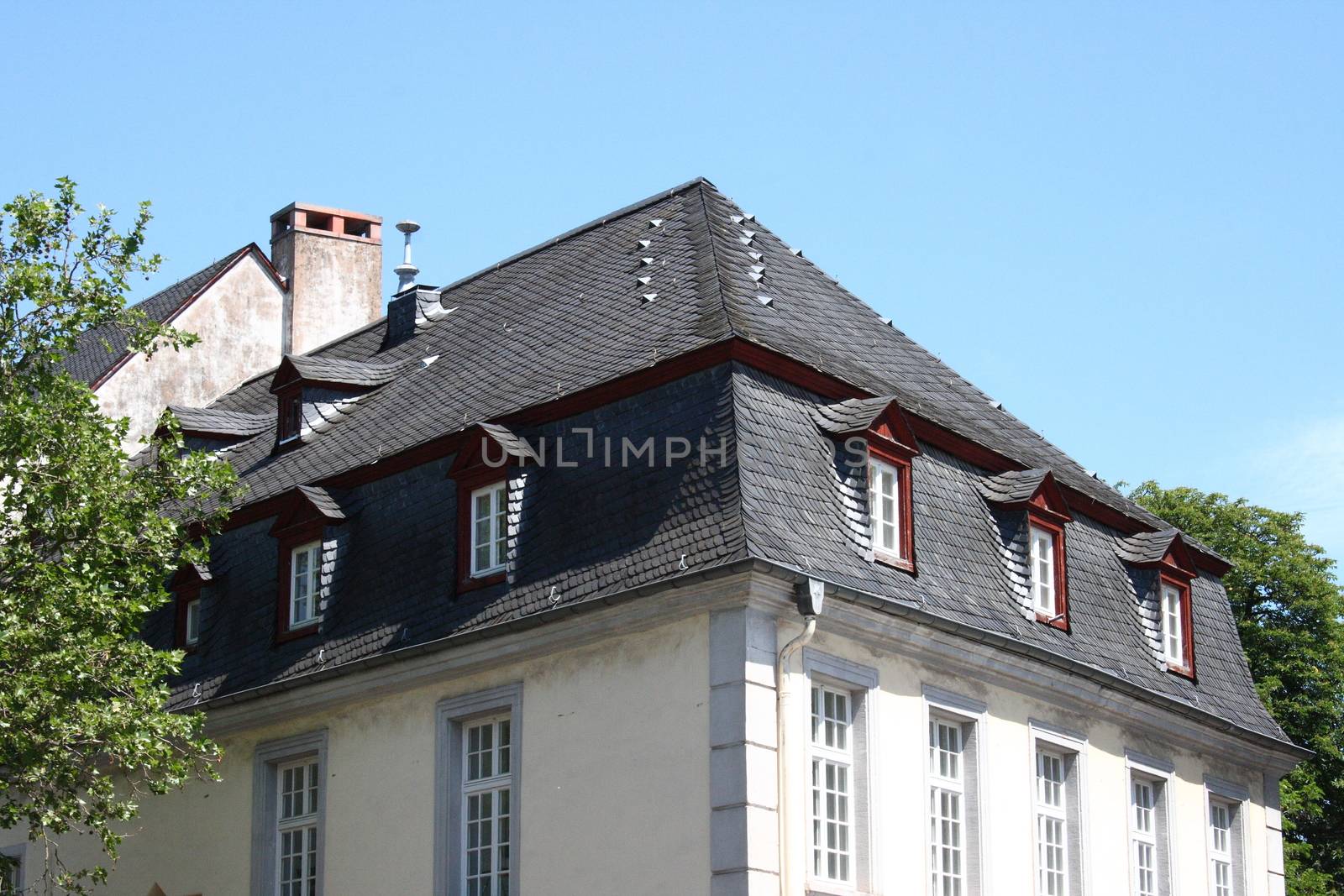 A slate roof with Windows and dormers