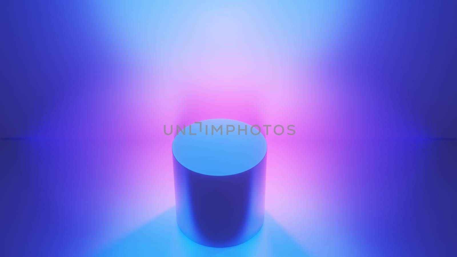 Product display stand for display of content design. Abstract fashion background, ultraviolet neon lights, pink blue vibrant colors, laser show. Banner for advertise product. 3D illustration