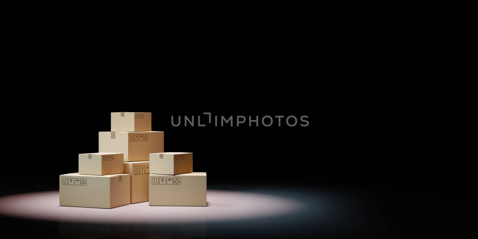 Heaps of Closed Cardboard Boxes Spotlighted on Black Background 3D Illustration by make