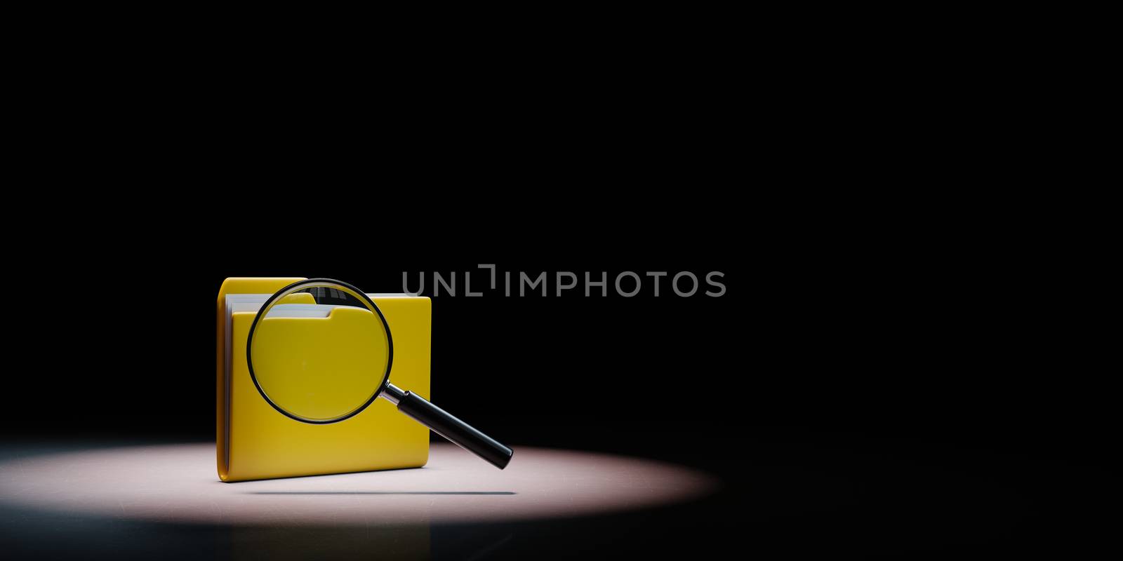 Yellow Document Folder with Magnifier Spotlighted on Black Background with Copy Space 3D Illustration