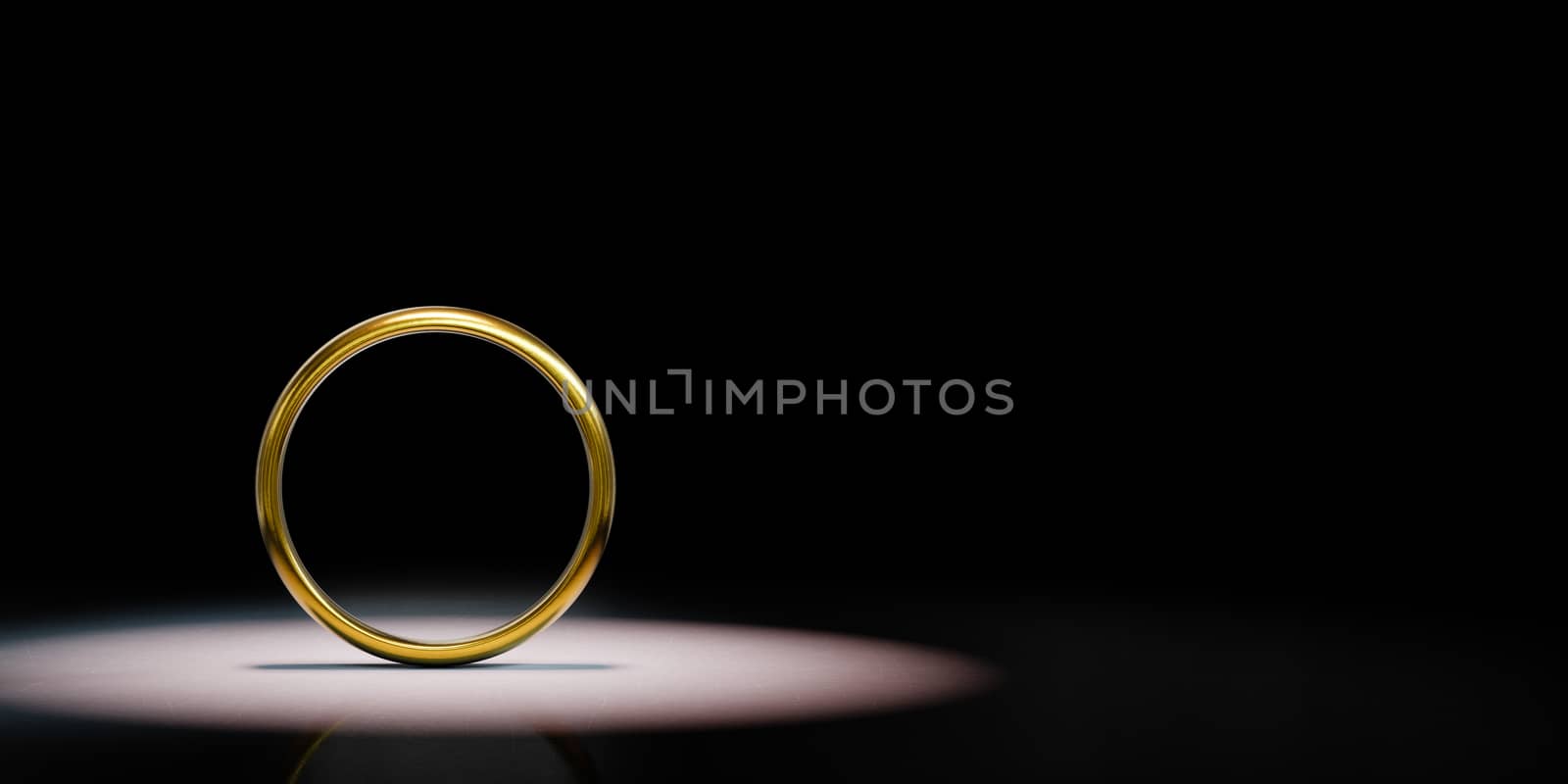 One Single Golden Ring Frame Spotlighted on Black Background with Copy Space 3D Illustration