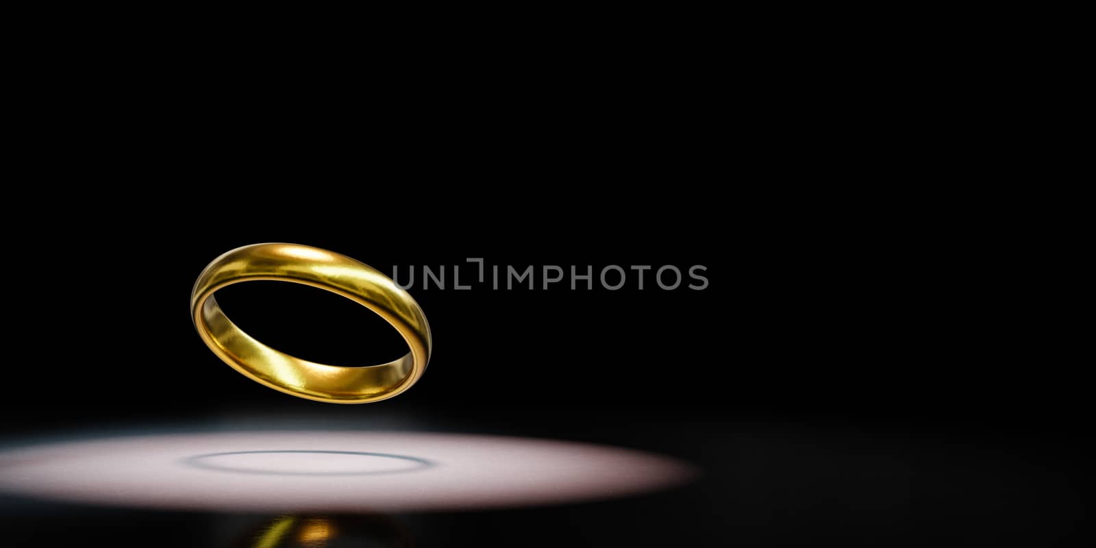 One Single Golden Ring Spotlighted on Black Background with Copy Space 3D Illustration