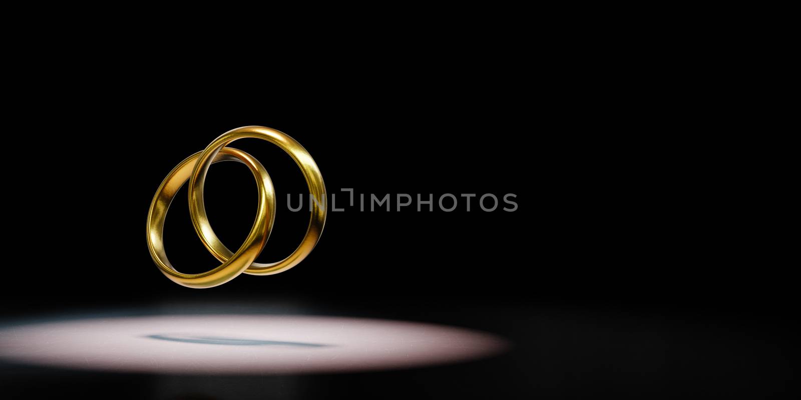 Two Golden Rings Chained Spotlighted on Black Background with Copy Space 3D Illustration