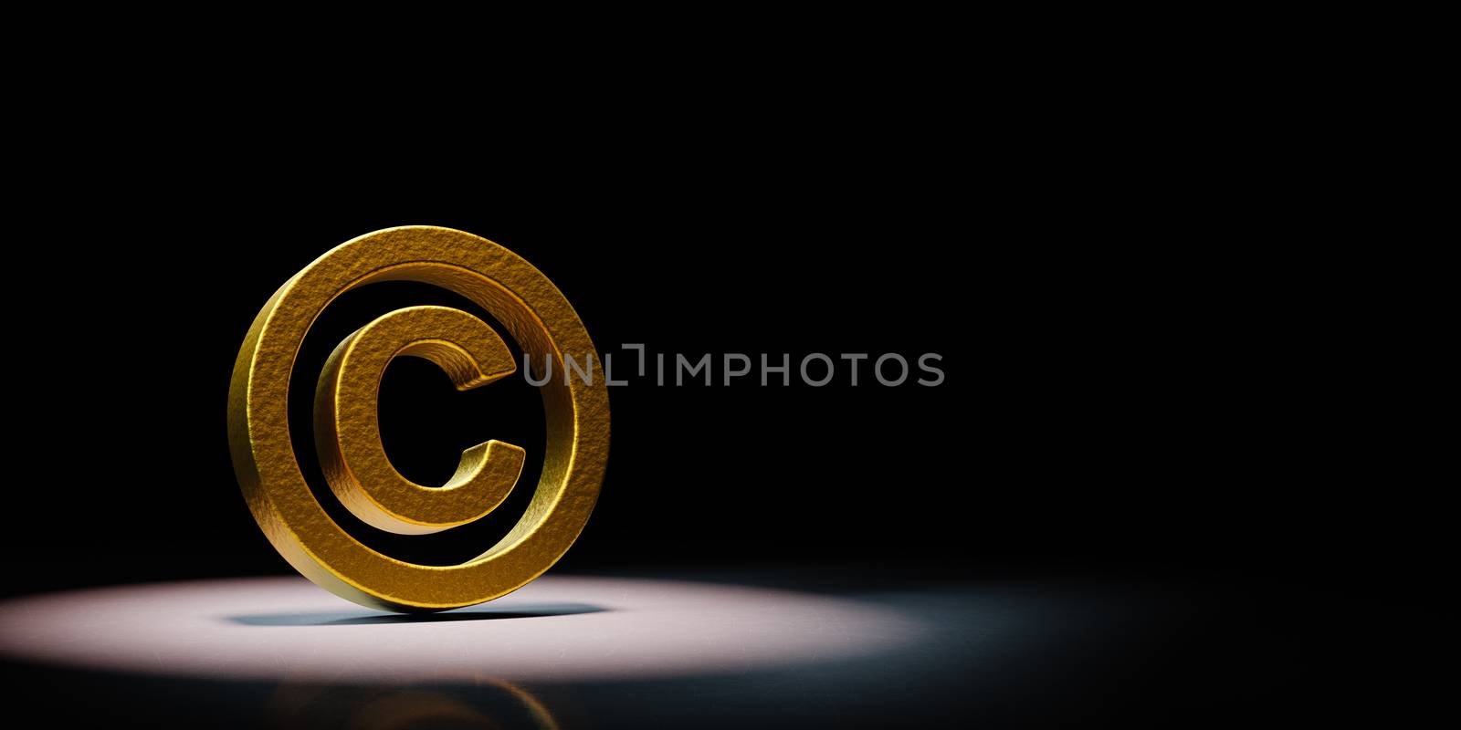 Golden Copyright Symbol Spotlighted on Black Background 3D Illustration by make