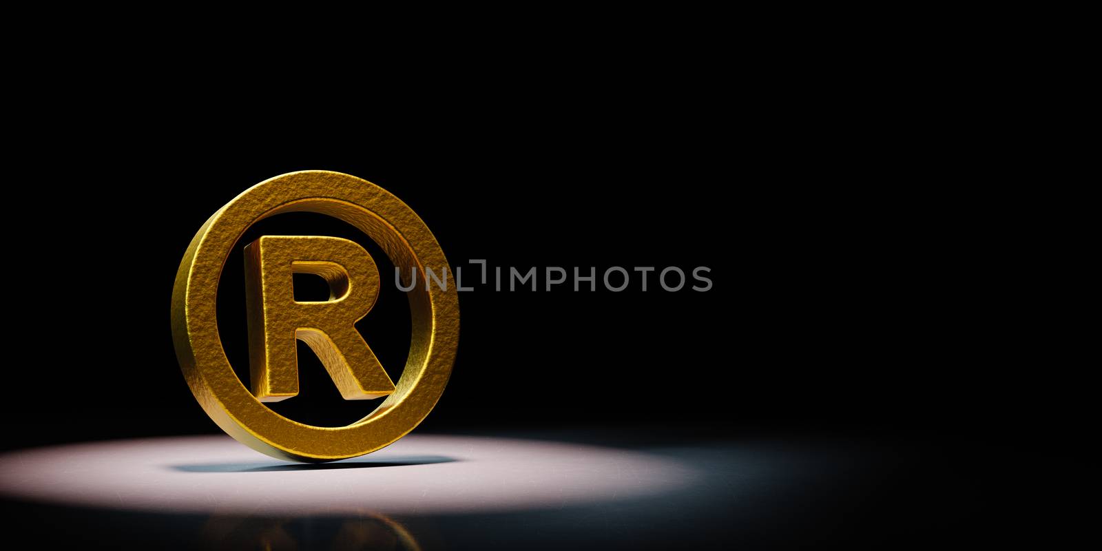 Golden Trademark Symbol Spotlighted on Black Background 3D Illustration by make
