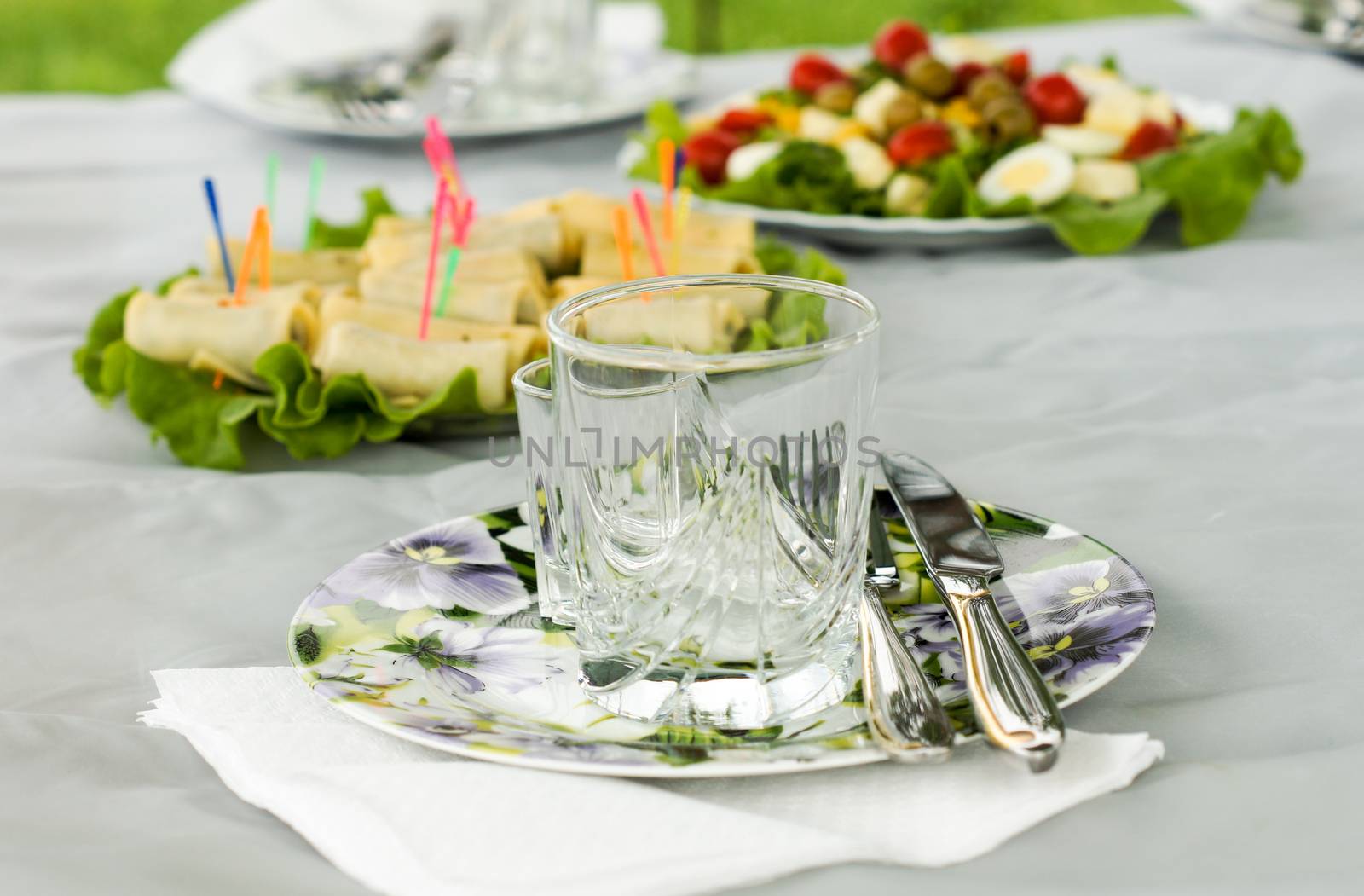 A beautiful set of snacks on the table during a picnic in nature .For your design