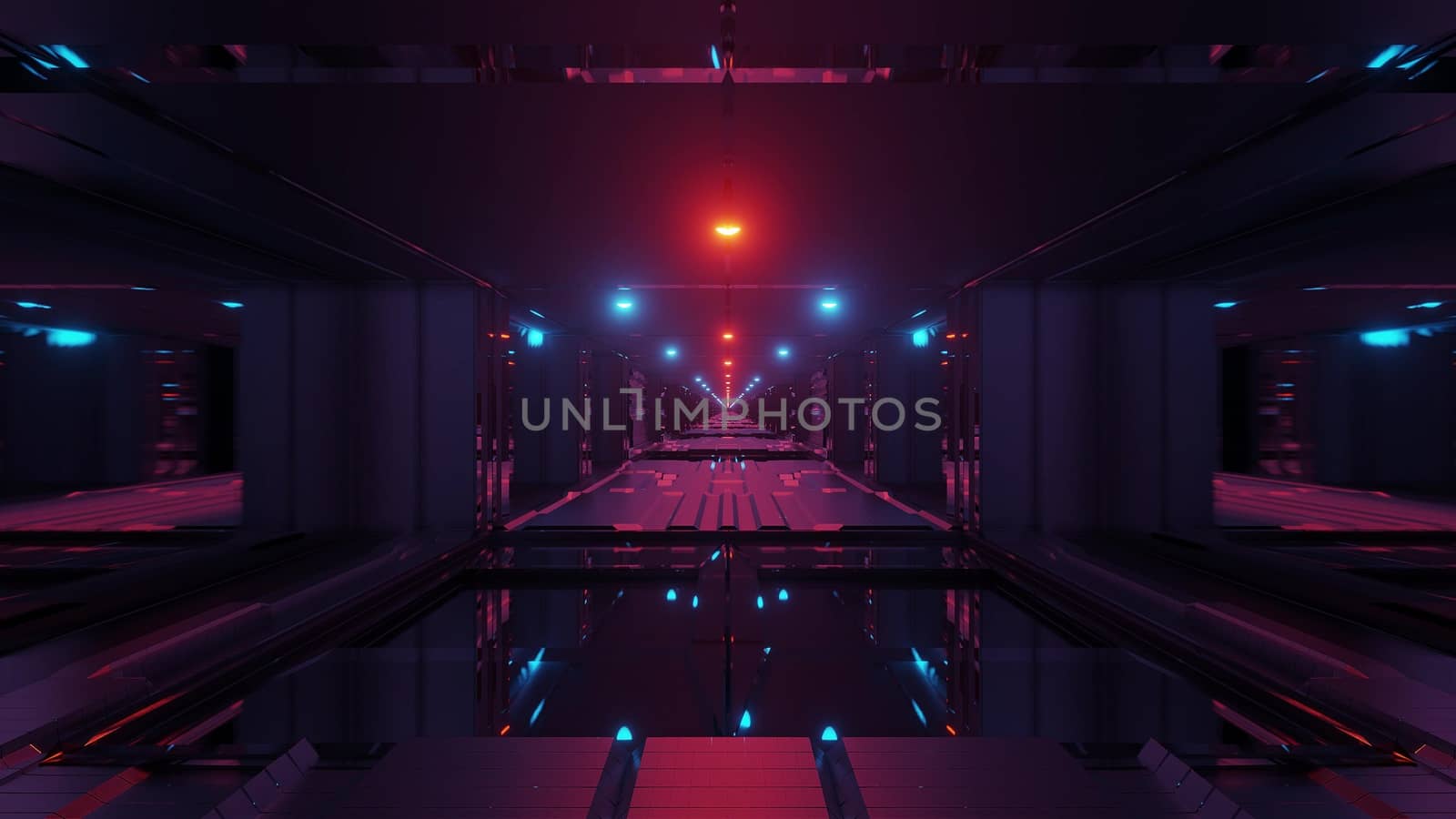 futuristic scifi space tunnel corridor with glowing lights and glass windows and botom 3d illustration background wallpaper graphic artwork, endless sci-fi tunnel 3d renderig with reflective contur
