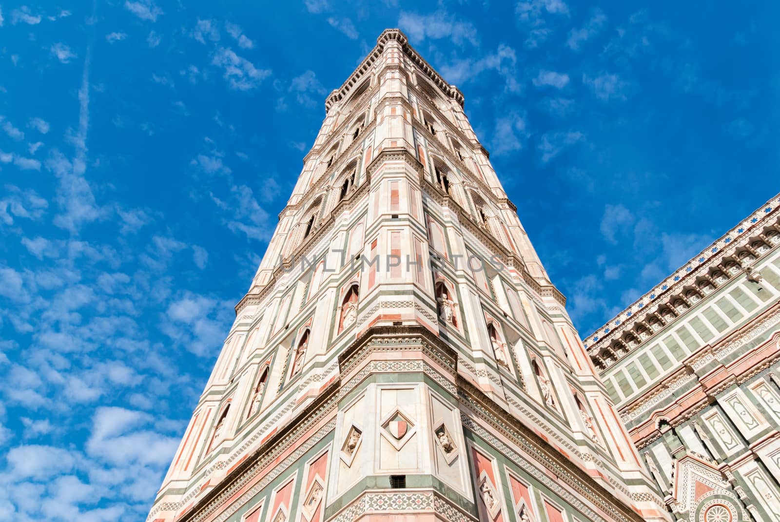 Giotto's Campanile historical Old Town of Florence, as seen from the top of Brunelleschi's Dome of the Florence Cathedral. Florence, Tuscany, Italy.