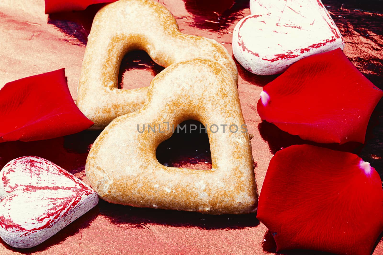 Baking heart shaped cookies for valentine day.Festive composition with cookies