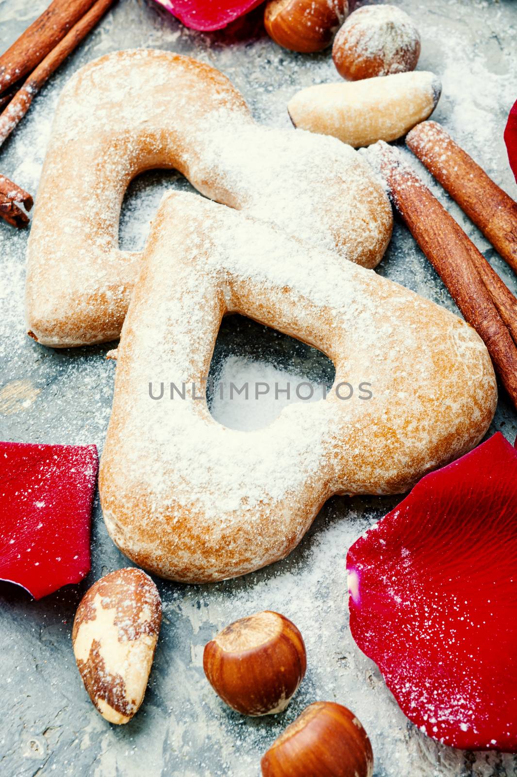 Baking heart shaped cookies for valentine day