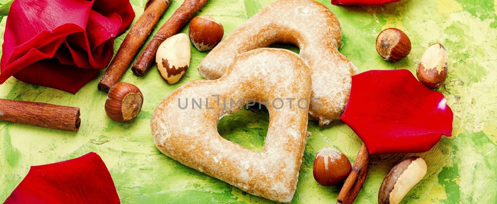 Baking heart shaped cookies for valentine day.Festive composition with cookies