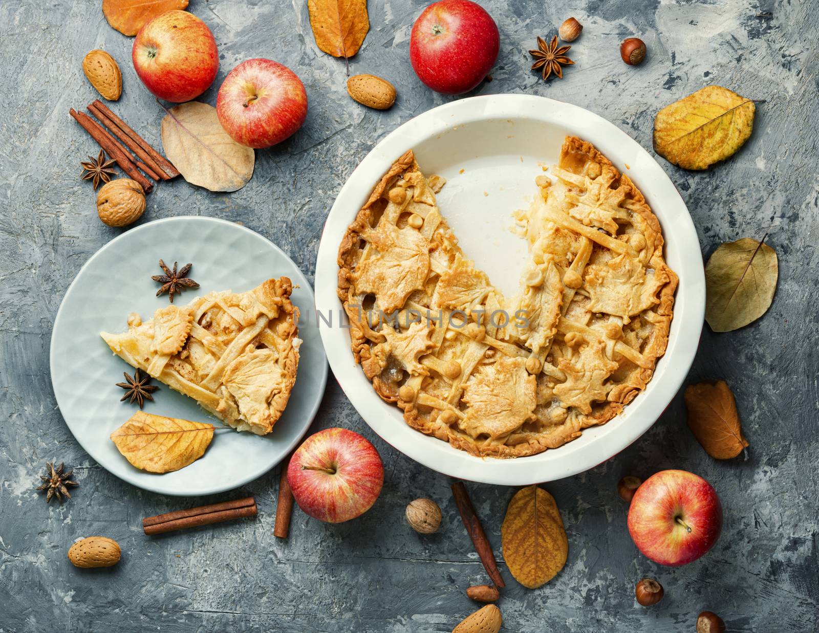 Autumn homemade pie with ripe apples.American apple dessert