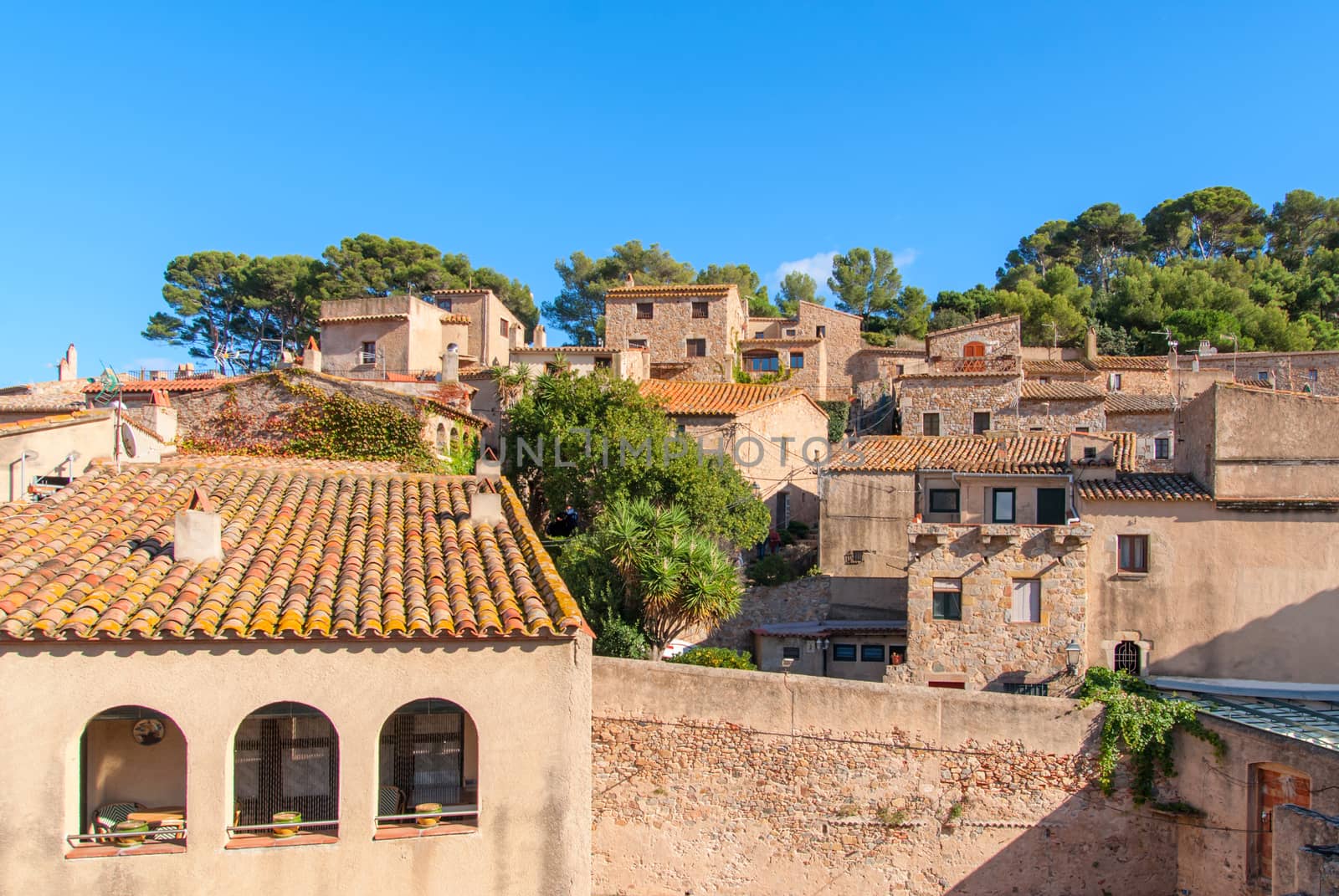 Tossa de mar, Costa Brava, Spain: Old Town with blue sky.