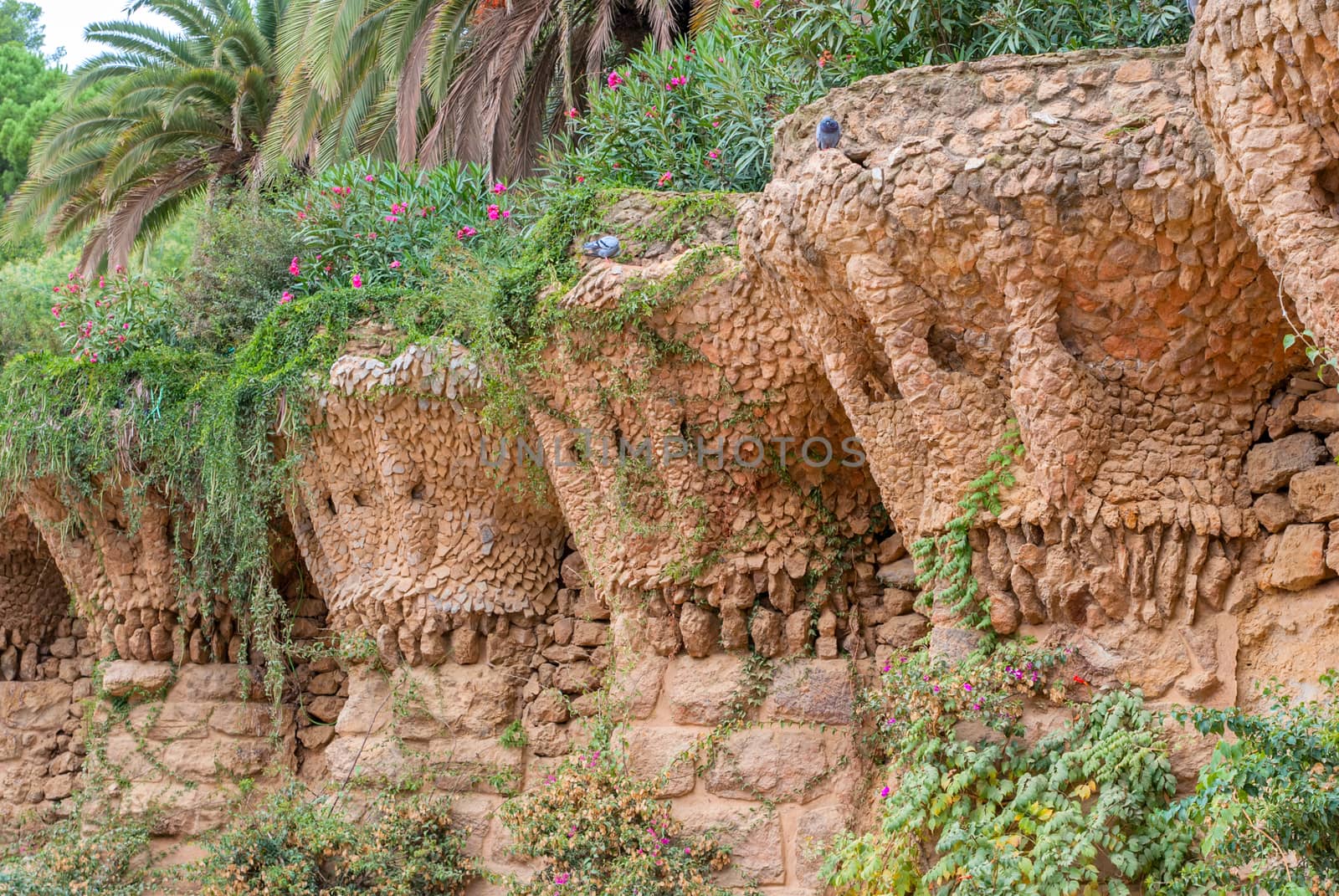 Columns among the trees made of stone in Park Guell designed by Antoni Gaudi in Barcelona, Spain, modernism style