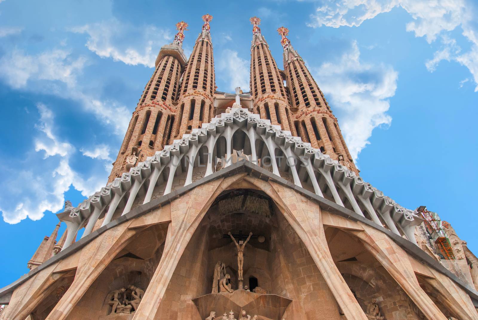 BARCELONA, SPAIN - OCTOBER 08, 2018: Sagrada Familia, detail of the facade. The cathedral designed by Antoni Gaudi is being built since 1882 and is not finished yet. UNESCO World Heritage Site