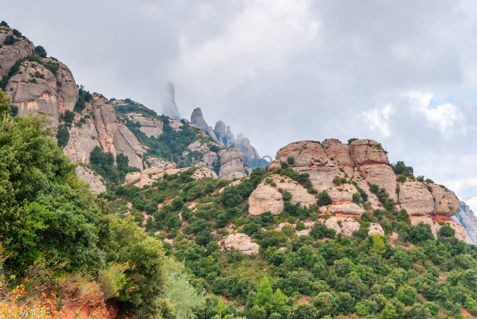 Hazy unusual mountains with green trees and cloudy sky near Montserrat Monastery,Spain by Zhukow