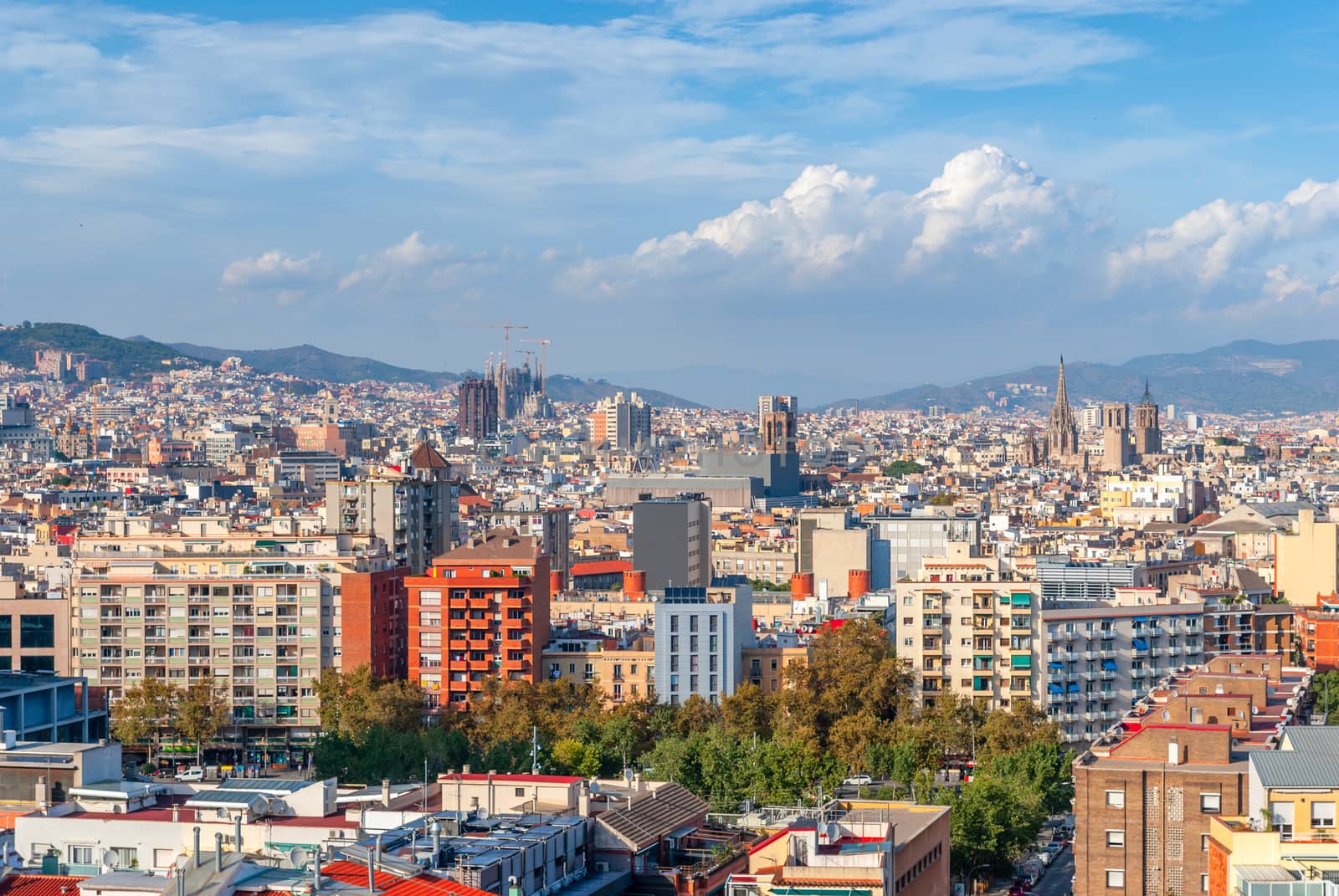 Panoramic aerial view of Barcelona in a beautiful summer day, Catalonia, Spain