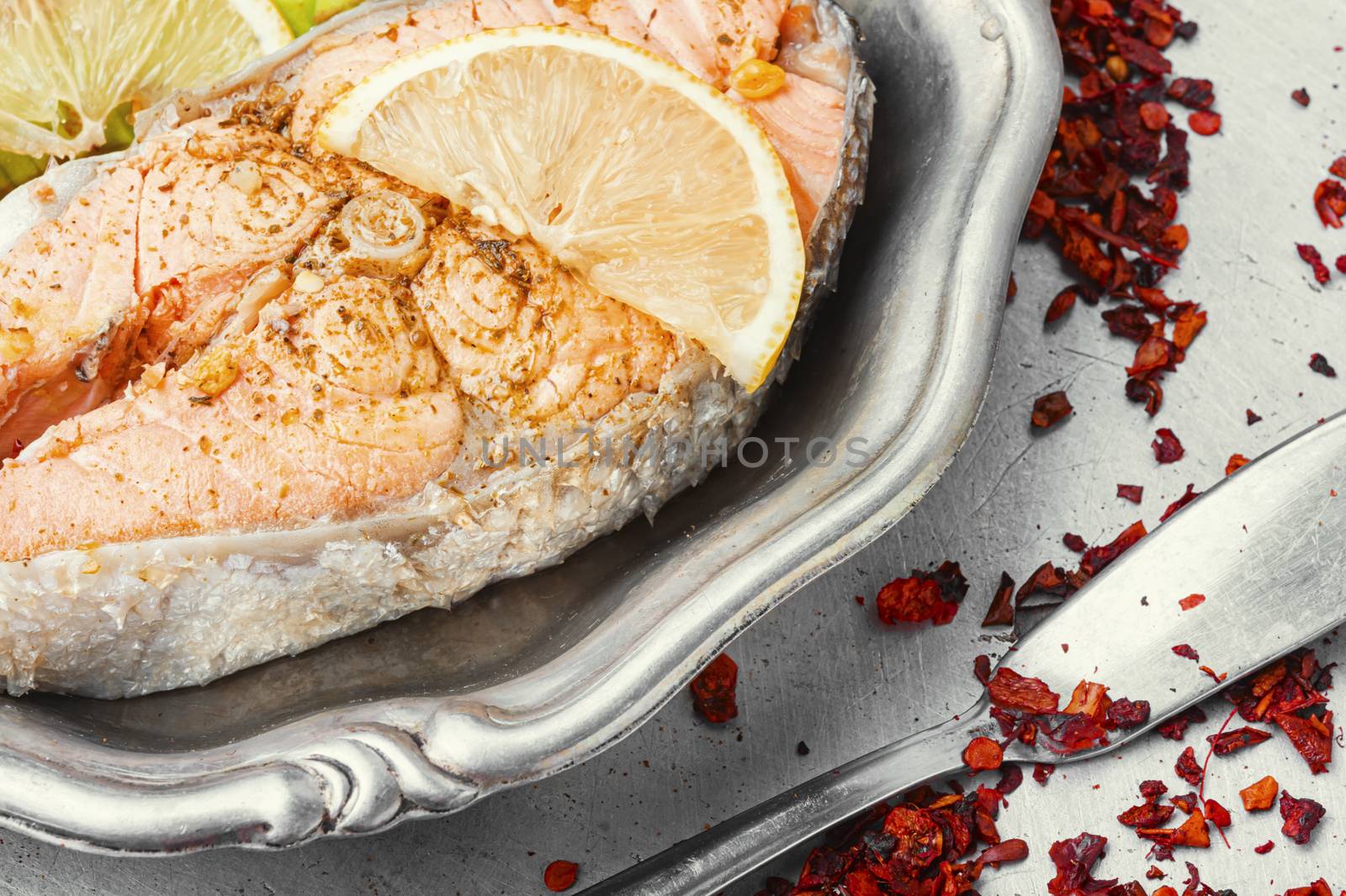 Appetizing steak of boiled fish.Salmon or trout.Closeup.