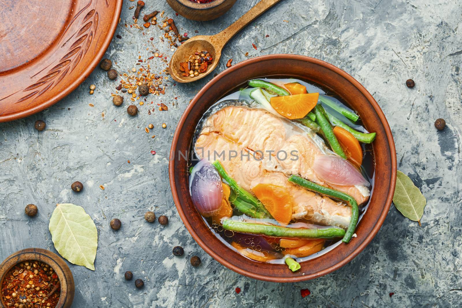 Appetizing dietary boiled salmon or trout.Fish healthy broth