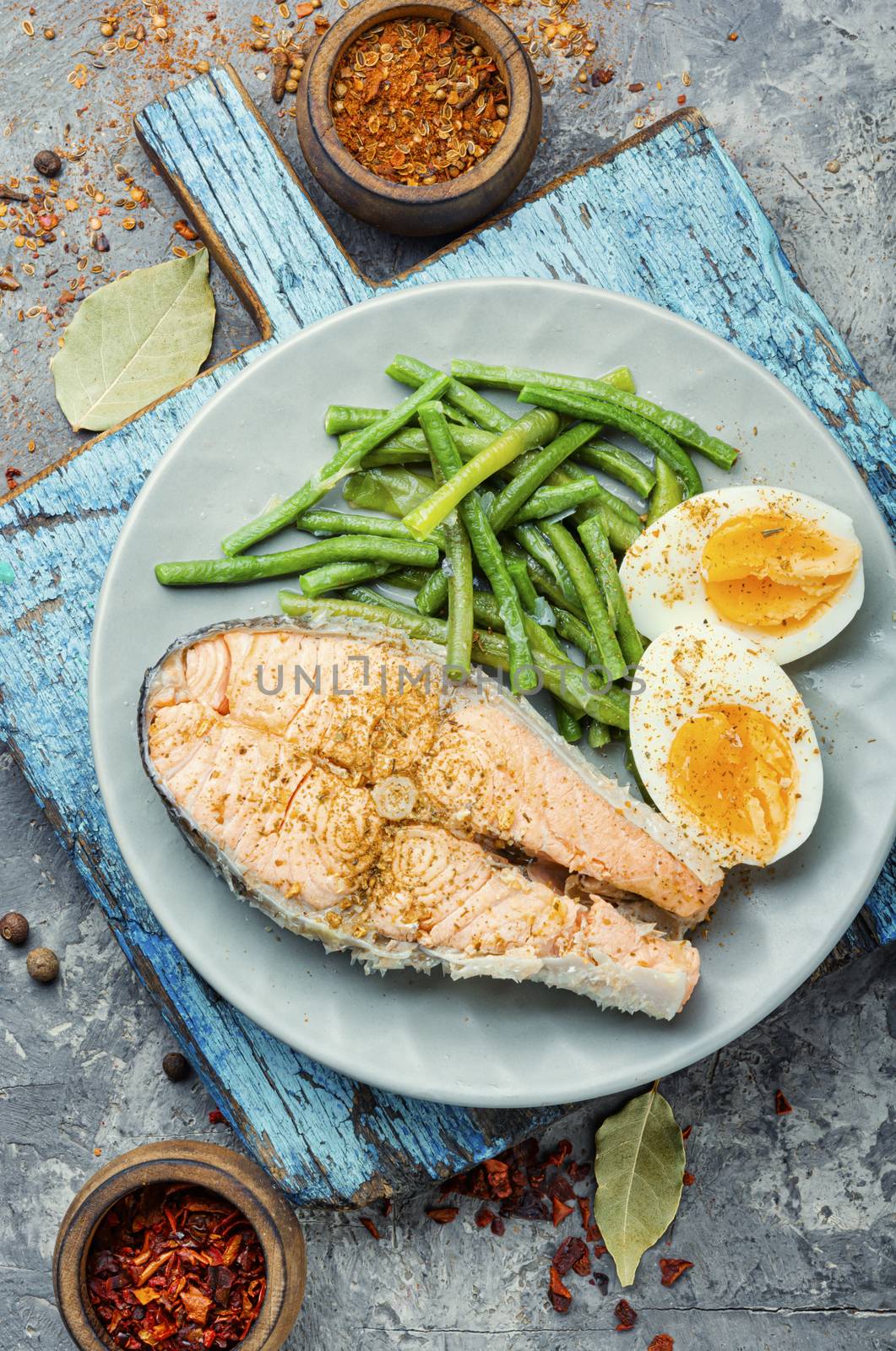 Boiled fish with asparagus and egg.Dietary salmon,boiled salmon