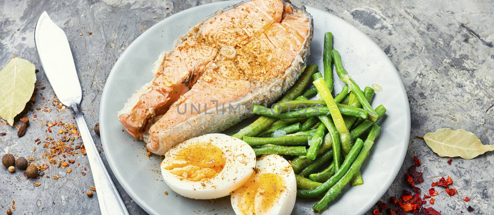 Boiled fish with asparagus and egg.Dietary salmon,boiled salmon