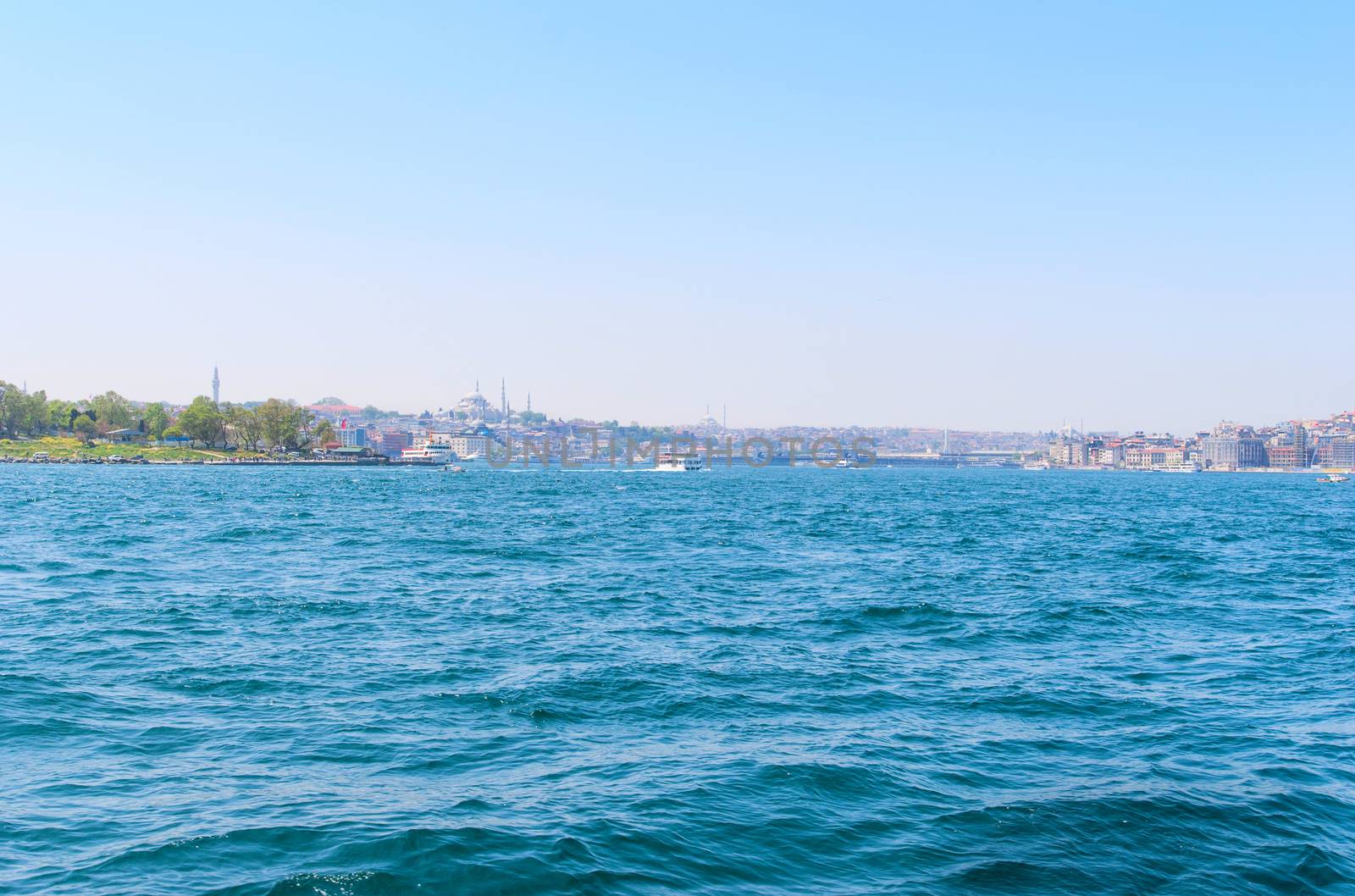 Sea view shores of bosphorus strait are covered by luxurious houses in Istanbul, Turkey