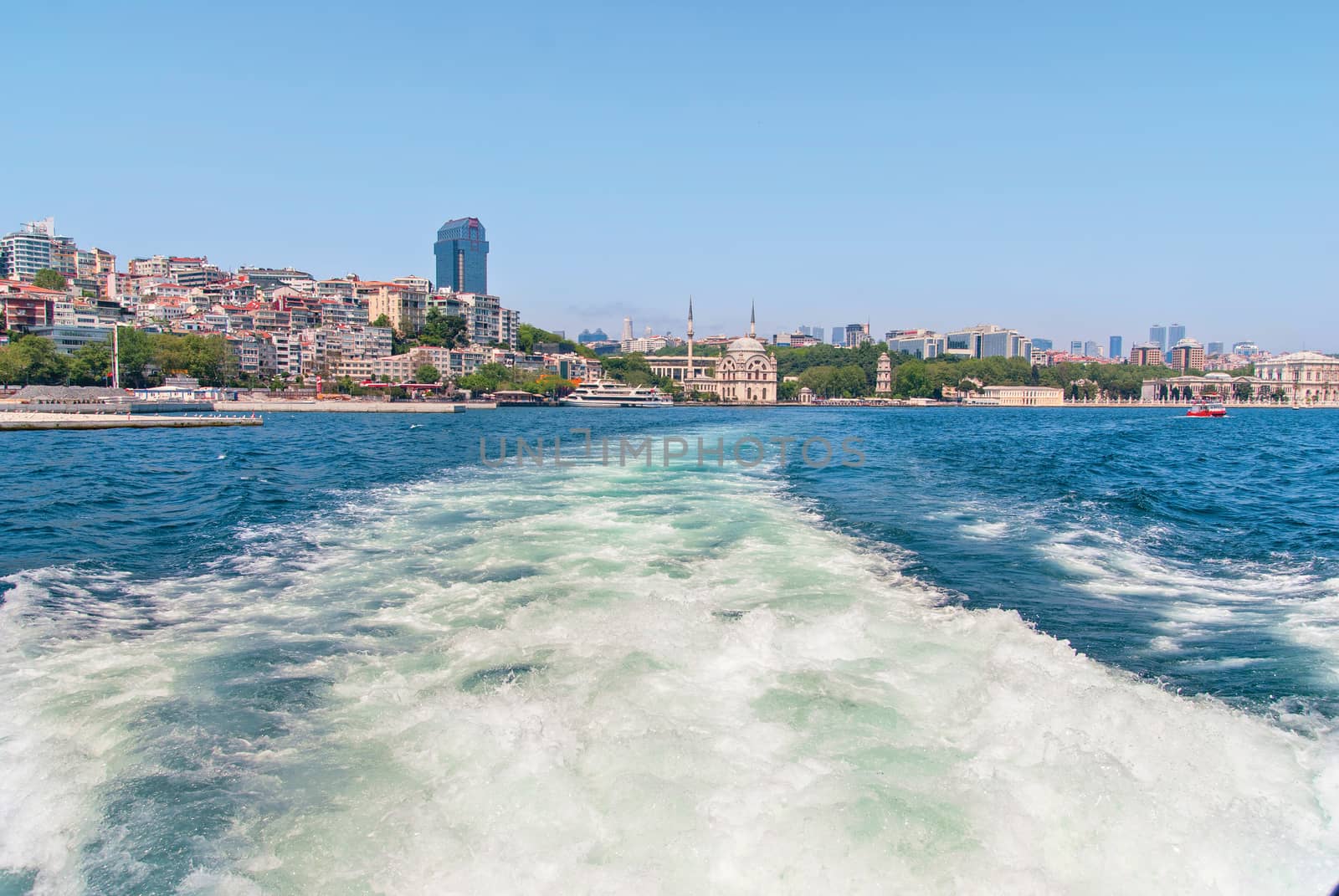 Dolmabahce Palace view from Bosphorus strait in Istanbul Turkey from ferry on a sunny summer day