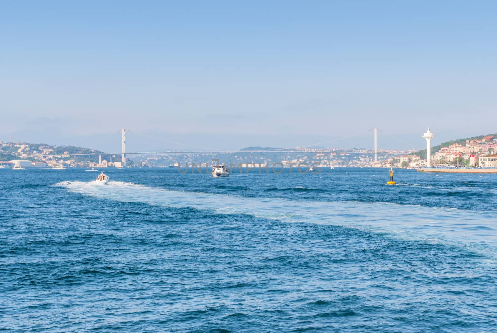 Panoramic view of Istanbul. Panorama cityscape of famous tourist destination Bosphorus strait channel. Travel landscape Bosporus, Turkey, Europe and Asia.