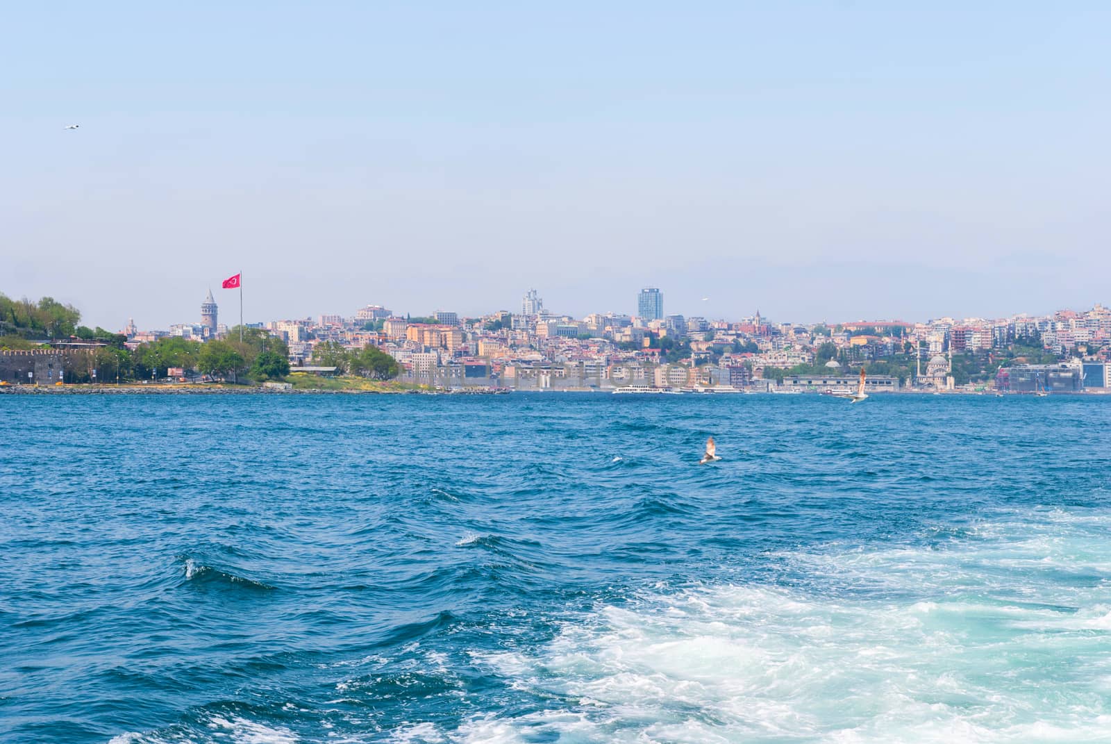 Passenger ferry ship carries people across the Bosphorus Strait along Istanbul, Turkey