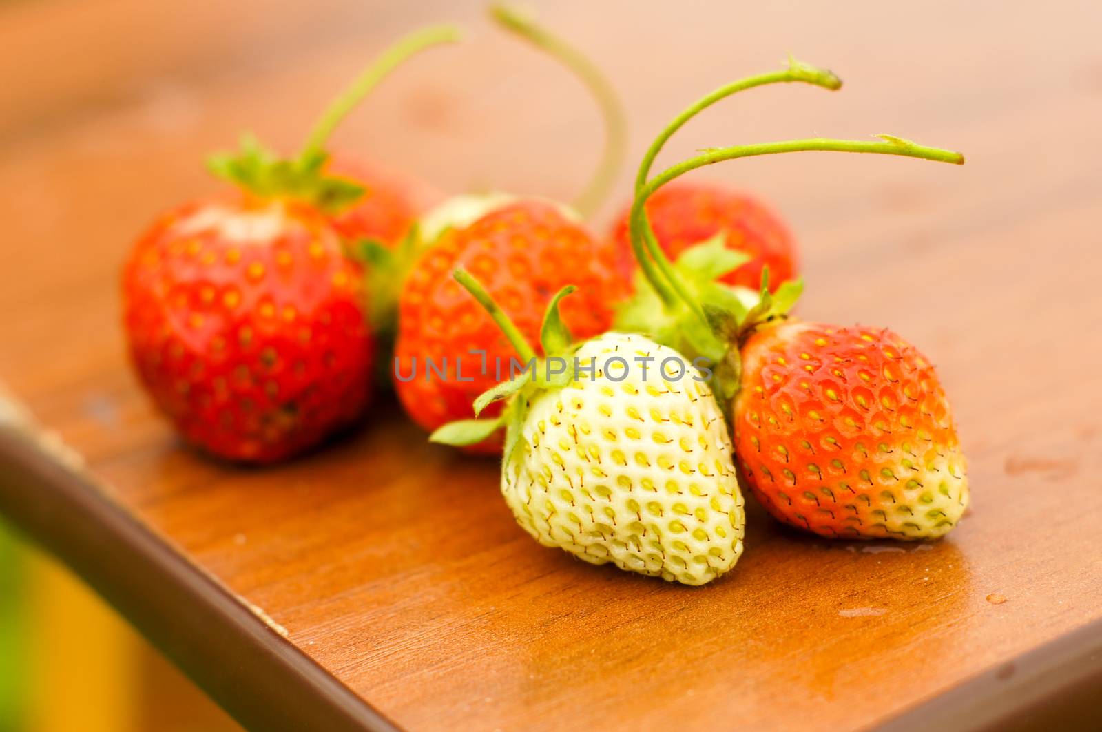 White and red strawberries lie in the sun. Delicious and sweet dessert berry. Vitamins by Adamchuk