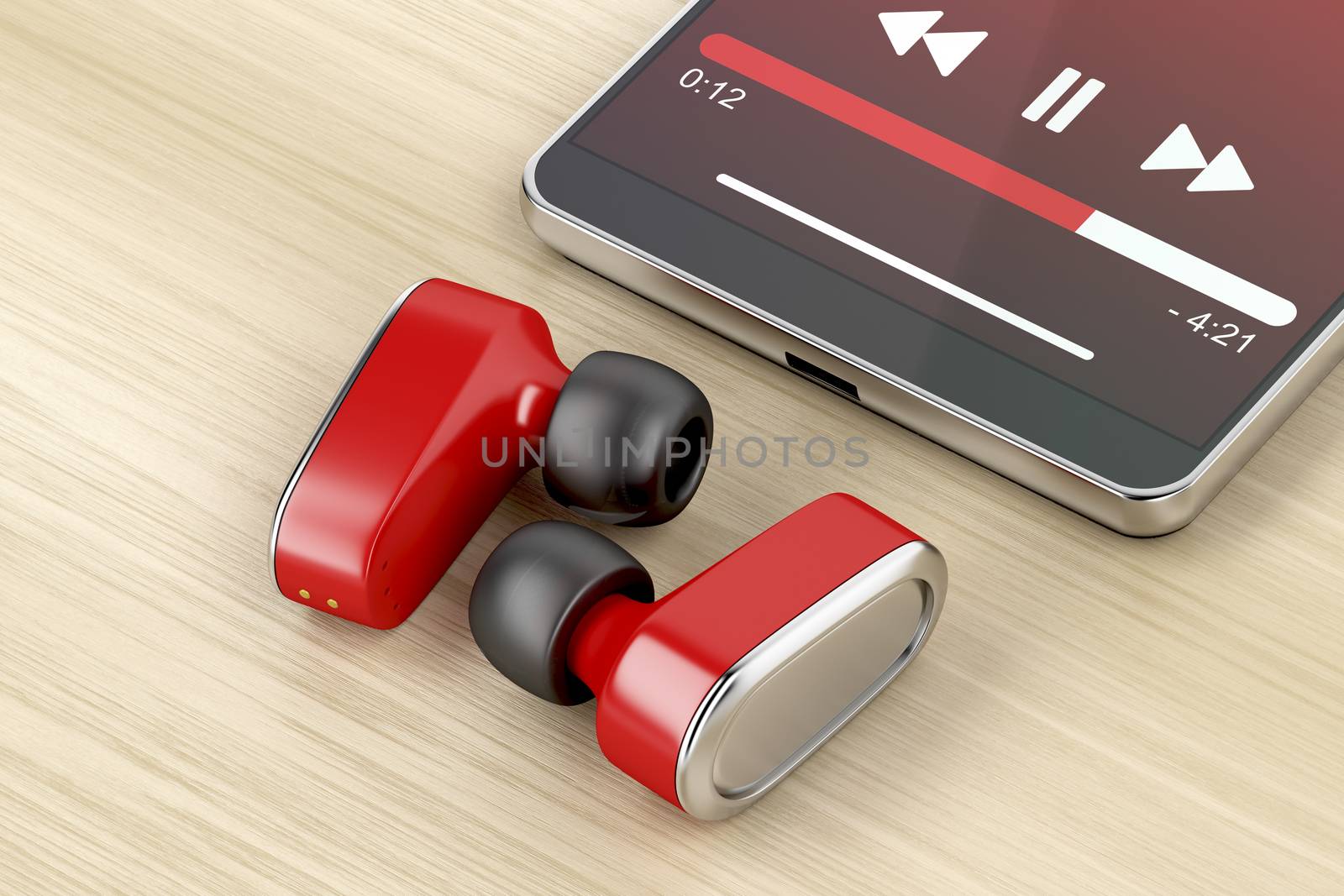 Red wireless headphones and smartphone on wood table 